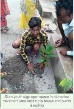 A slum youth plants a tree in his neighborhood
