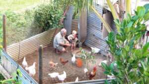 Austin in chicken yard with eager grandchild