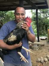 Tebbi hugging a Kabir cross rooster