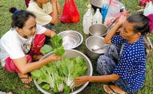 Parents and volunteers select vegetables for lunch
