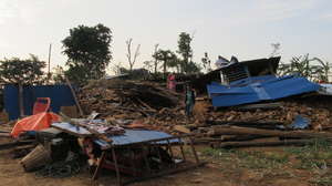 Collapsed house in remote mountain village.