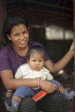 Mother and child living in temporary housing.