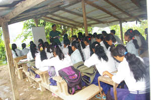 Grade 10 students in their temporary classroom