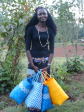 Kimono Harriet with the baskets that she sells.