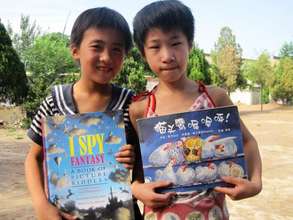 Students with library books.