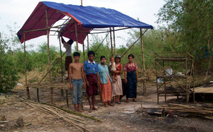 A shelter constructed using bamboo and plastic sheeting
