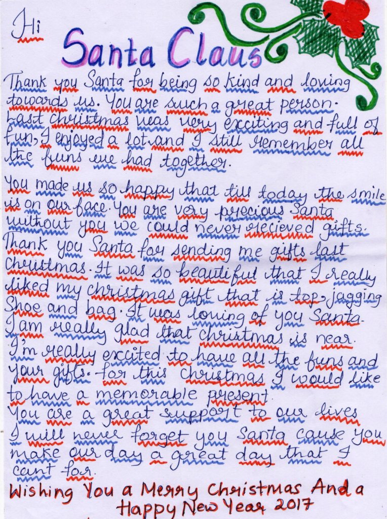 A letter to Santa by a child in El Shaddai care