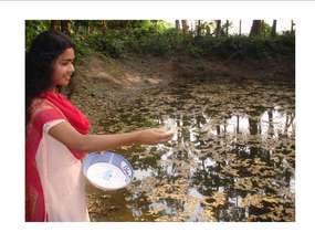 Rema feeds fish in the fish pond she started.