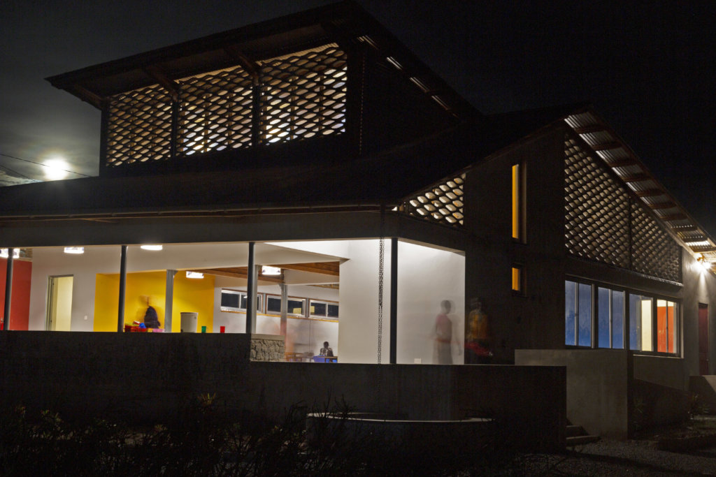 The Dining Hall and Kitchen at night.