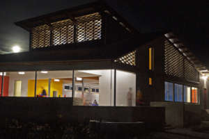 The Dining Hall and Kitchen at night.
