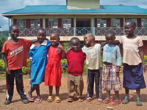 Preschoolers in front of the girls' dorm