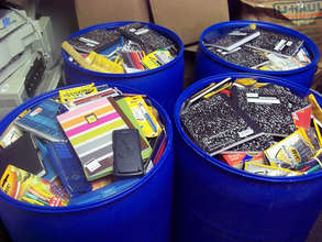 Barrels of school supplies are waiting