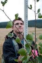 An Earthwatch volunteer measures a tree's height