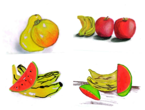 Still-life drawing of real fruits made by Grade 8