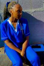 Marion on her pharmaceutical outfit