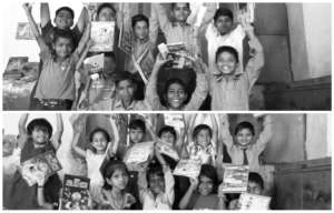 Distributing educational materials to needy child