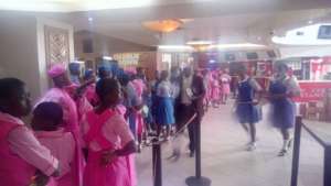 students getting ready to go into cinema