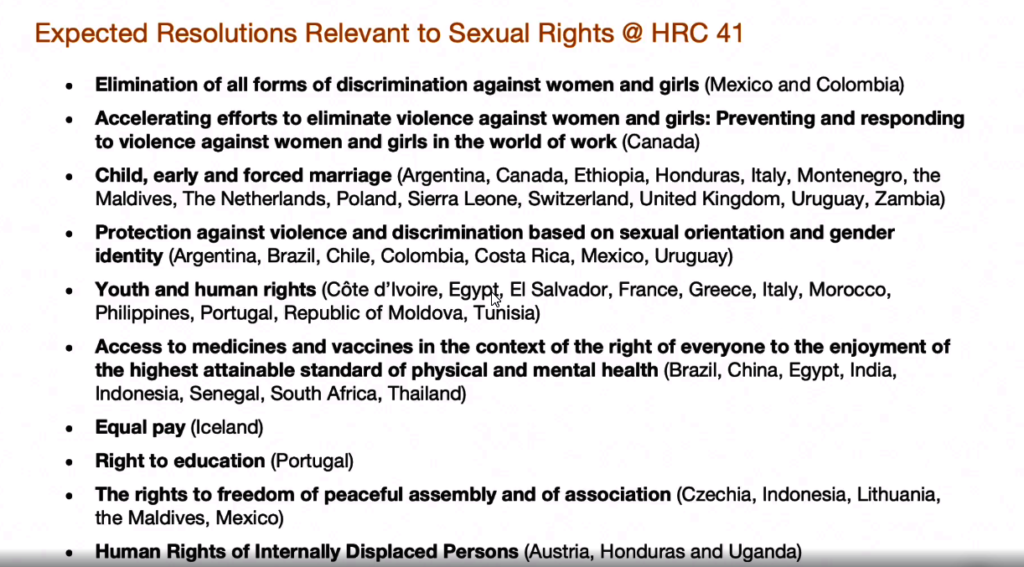 Expected resolutions relevant to HRC 41