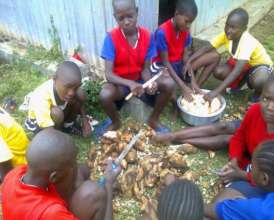 Girls preparing potatoes they grew at the school
