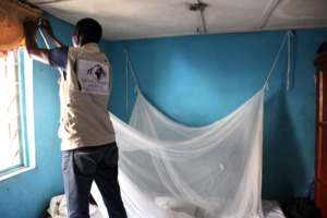Hanging a mosquito bed net in a family's home