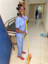 L in her work scrubs