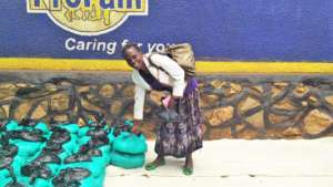 A client, happy to receive free food at AMS