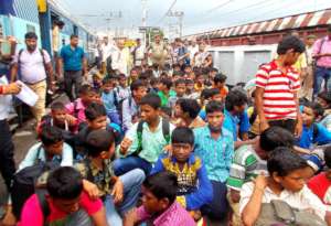 Rescued children arriving by train from Delhi