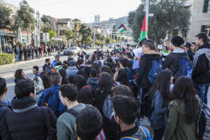 Protestors opposite police in Haifa, 24 Jan 2017