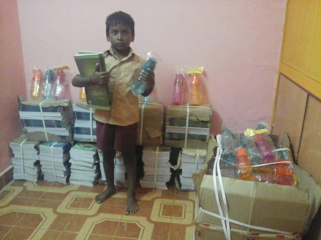 Notebooks,water bottles ready for Chennai Children