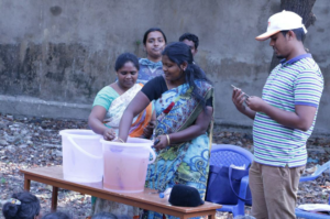 Demonstration of use of water sachets