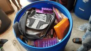 One of the drums of school supplies for this year