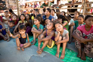 Quake-affected children in a temporary shelter