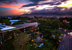 an eveniing view of the campus during night class
