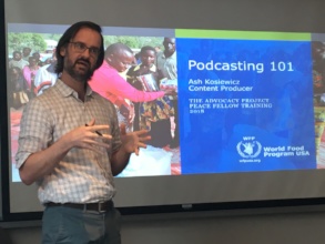 Ash, a 2008 fellow, gives a training in podcasting