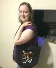 Kirstin and the first tiger tote bag from Nepal