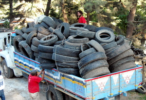 A load of tires for the retaining walls at the tecnico Maya Scho