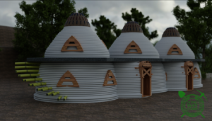Render of triple earthbag domes, now classrooms