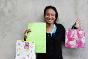 Nubia with her hand-crafted gift bags.