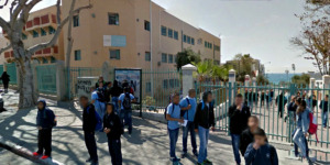 Students outside Municipal School #12 in Jaffa