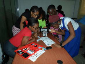 Girls building robots