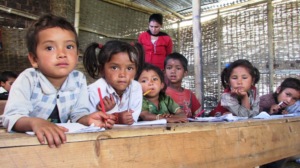 children in temporary learning shelters
