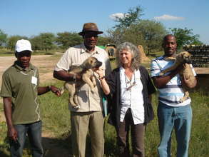 CCF's Laurie Marker presents puppy to farmer
