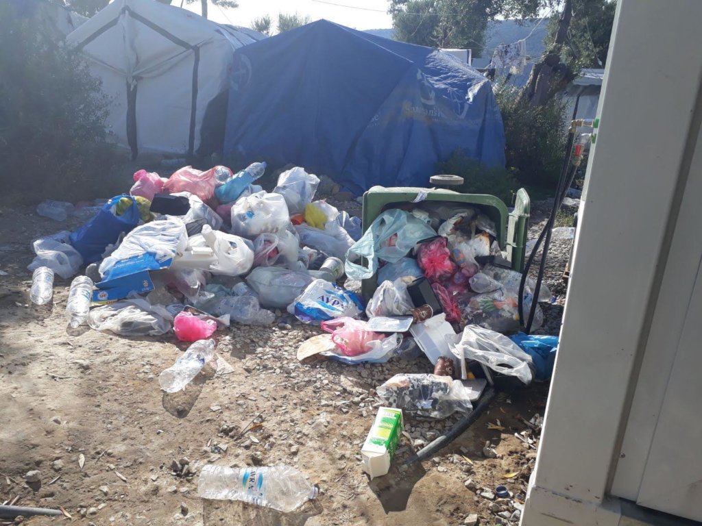 Overflowing rubbish bins on Lesvos