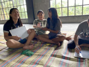 A group of girls having fun during a quiz.