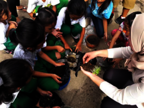 Teacher showing students how to plant in pots