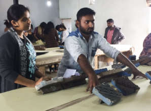 Soyabbhai teaches ajrakh in an SKV workshop