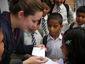 Children saying goodbye as Sarah leaves Nepal