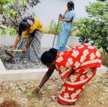 Constructing the rain water harvesting pit.