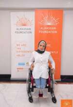 Hind sitting on her new wheelchair