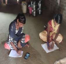 Children studying at home with mobile phones